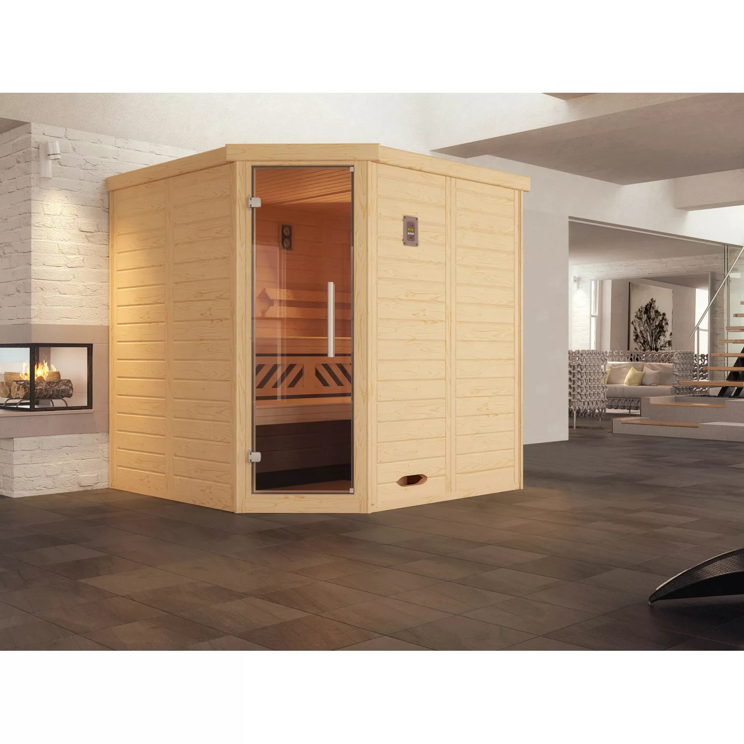 Weka Massivholzelementsauna Kemi Eck 1 Sparset 7,5 kW BioS Glastür günstig online kaufen