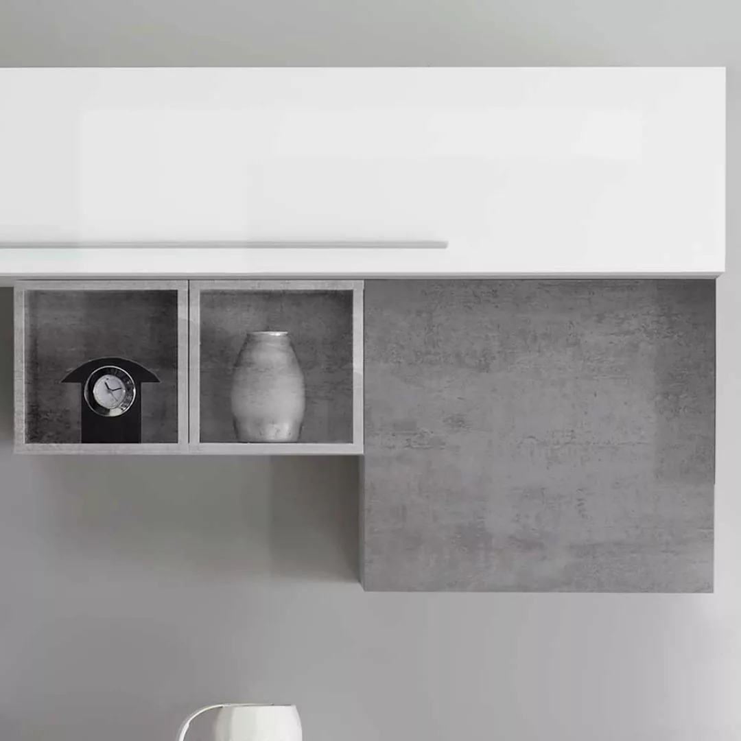 TV Wohnwand in Beton Grau Weiß Hochglanz (fünfteilig) günstig online kaufen