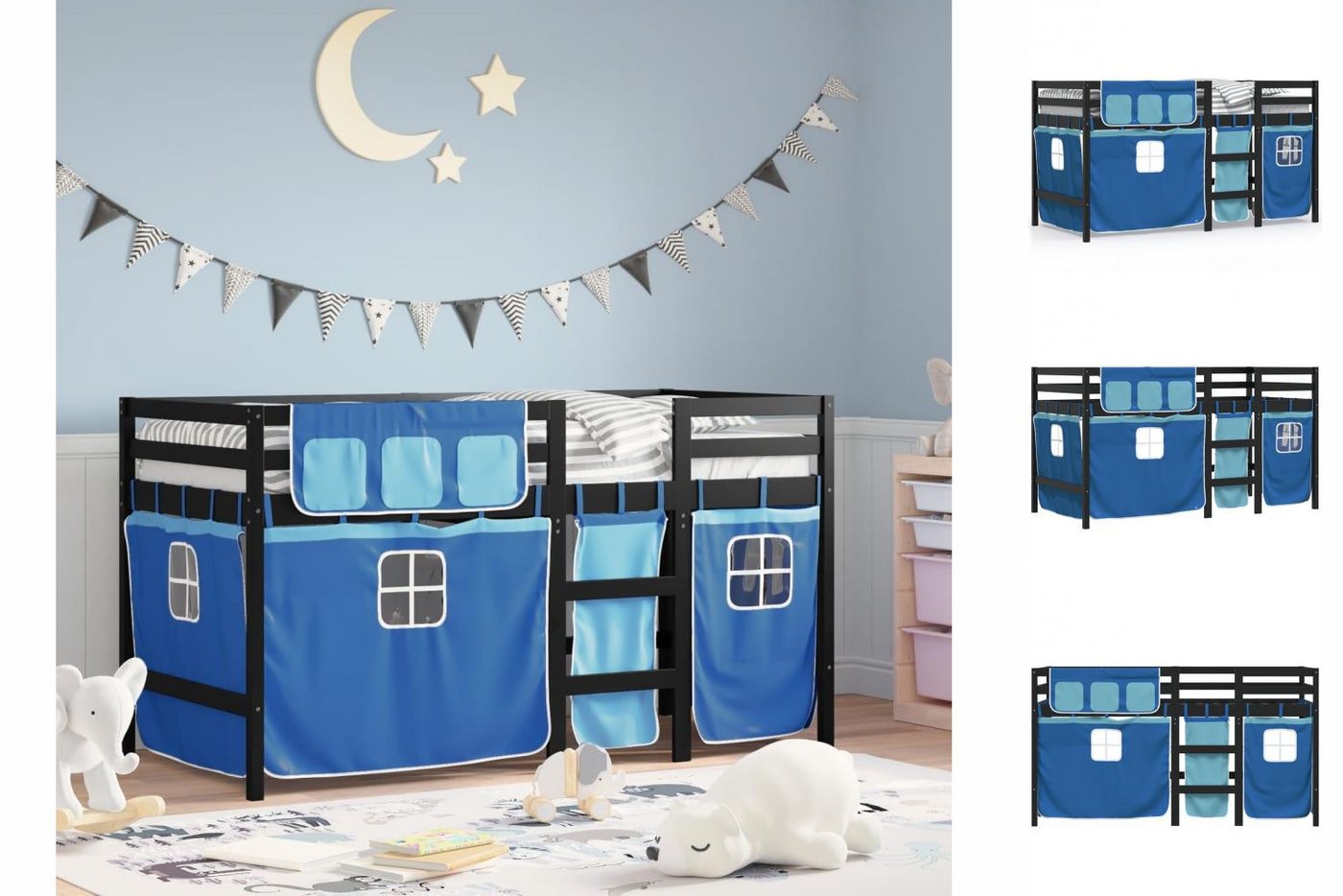 vidaXL Kinderbett Kinderhochbett mit Vorhängen Blau 90x190 cm Massivholz Ki günstig online kaufen