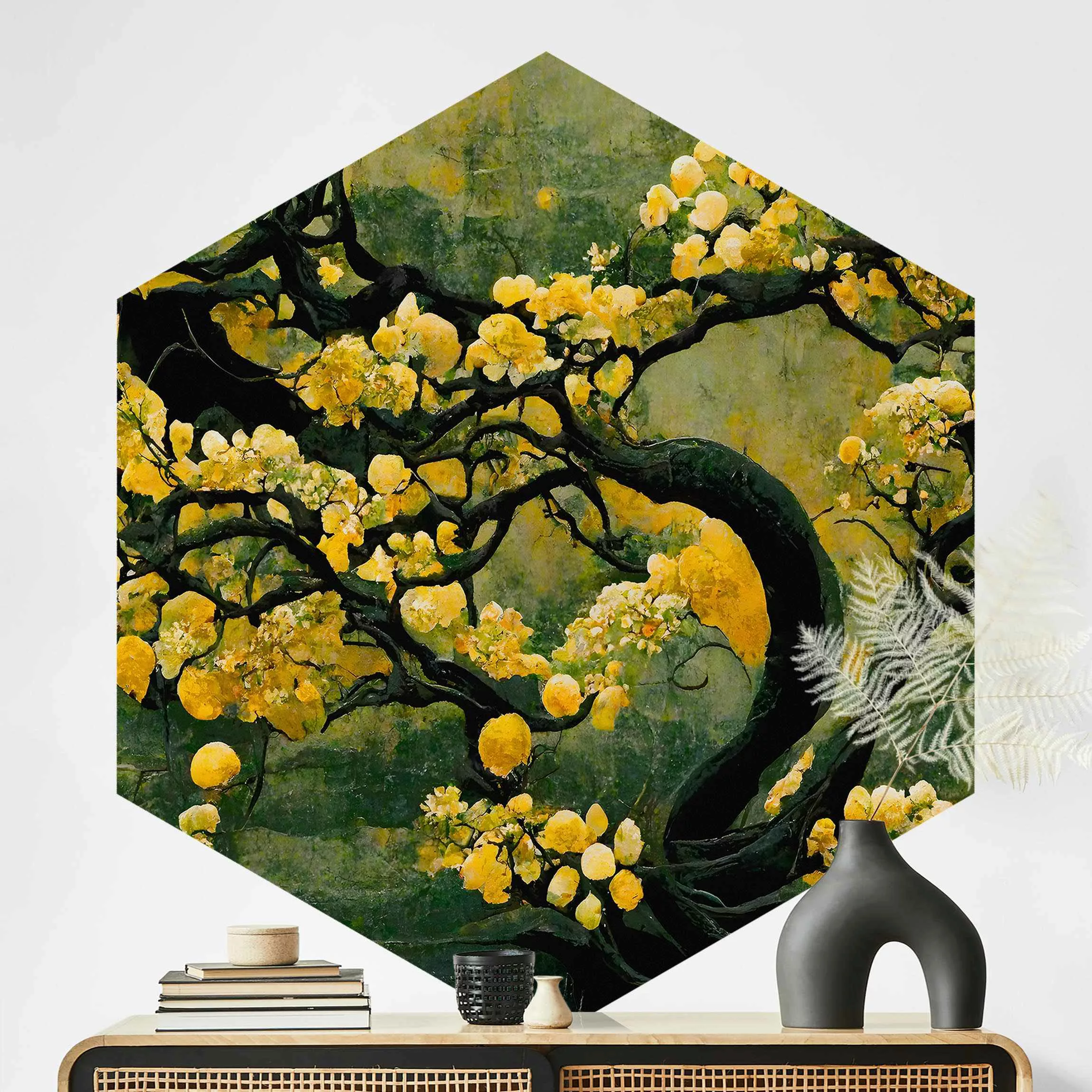 Hexagon Tapete selbstklebend Gelber Baum günstig online kaufen