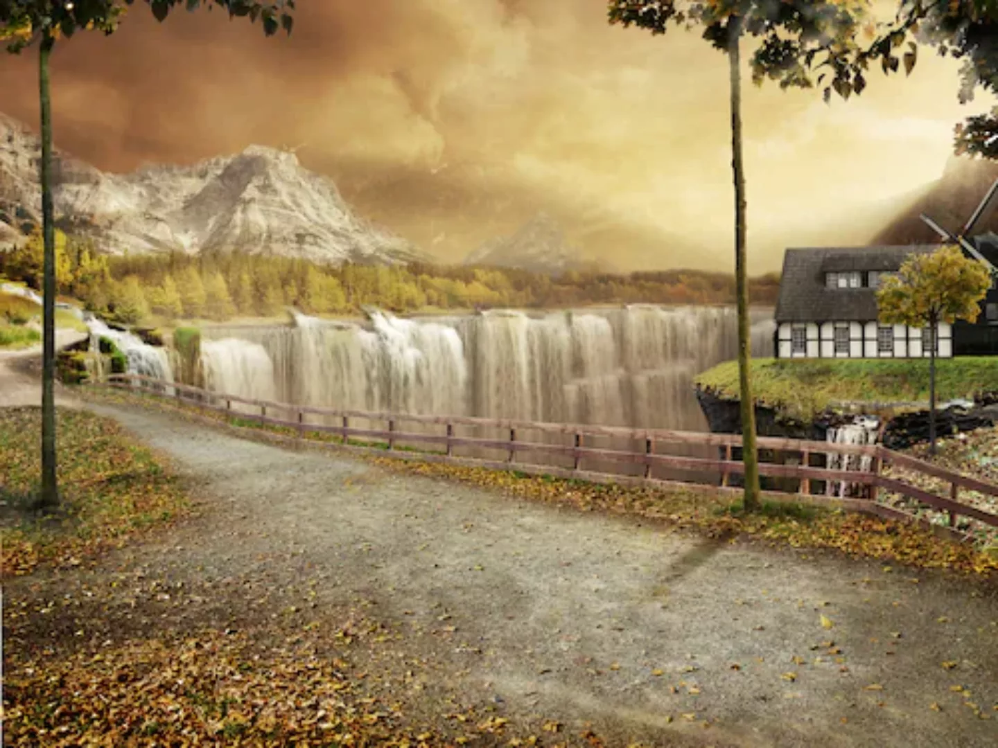 Papermoon Fototapete »Haus an Wasserfällen« günstig online kaufen