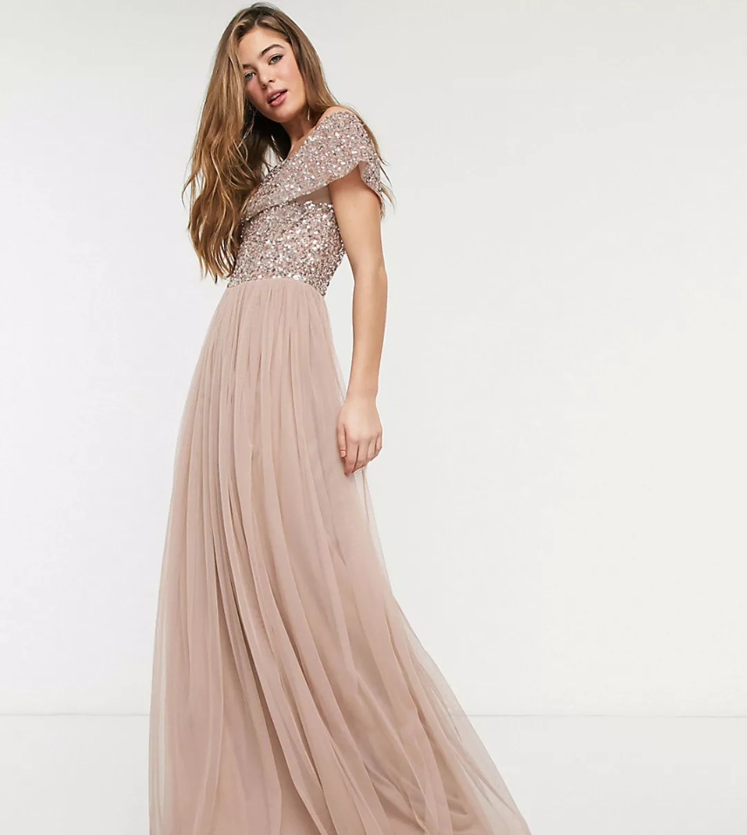 Maya Tall – Bridesmaid – Maxi-Tüllkleid mit Carmenausschnitt und farblich p günstig online kaufen