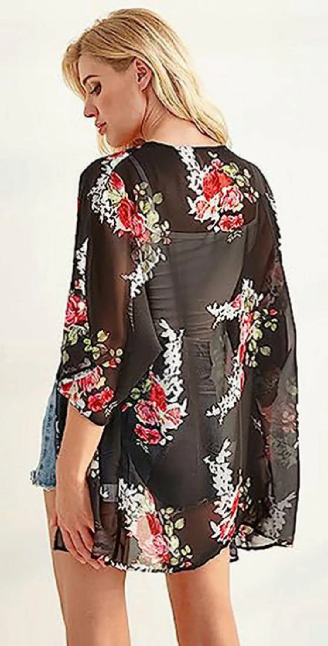 ZWY Shirtkleid Damen Kimono Cardigan mit Blumendruck, Puffärmel, lässige Bl günstig online kaufen