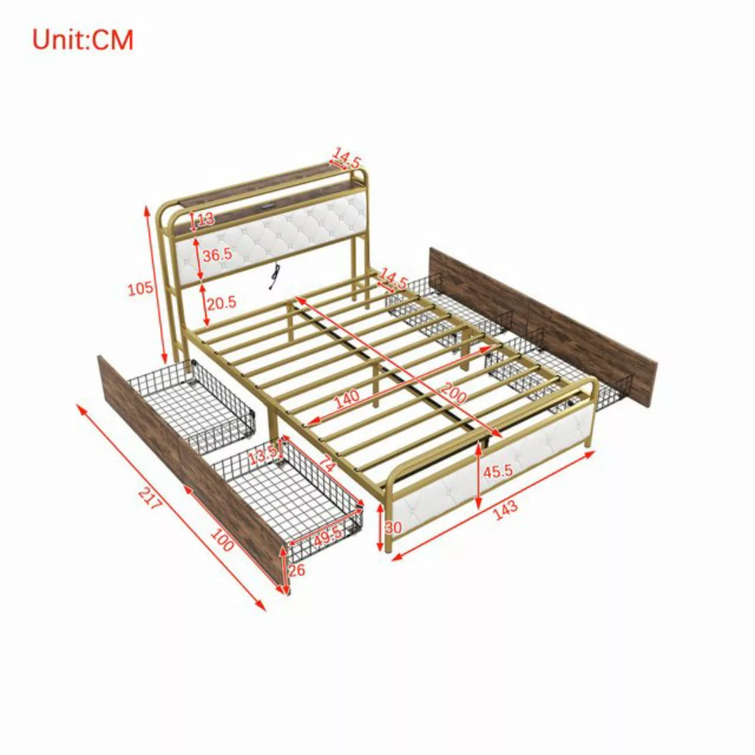 Flieks Metallbett, LED Beleuchtung Doppelbett 140x200cm mit USB-Aufladen un günstig online kaufen