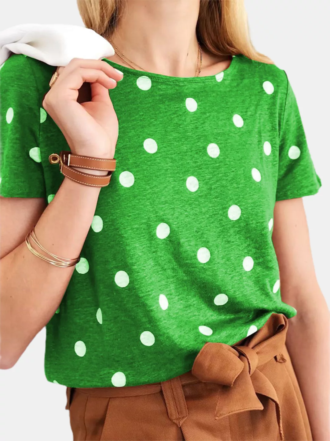 Lässiges Polka Dot O-Neck Kurzarm T-Shirt für Damen günstig online kaufen