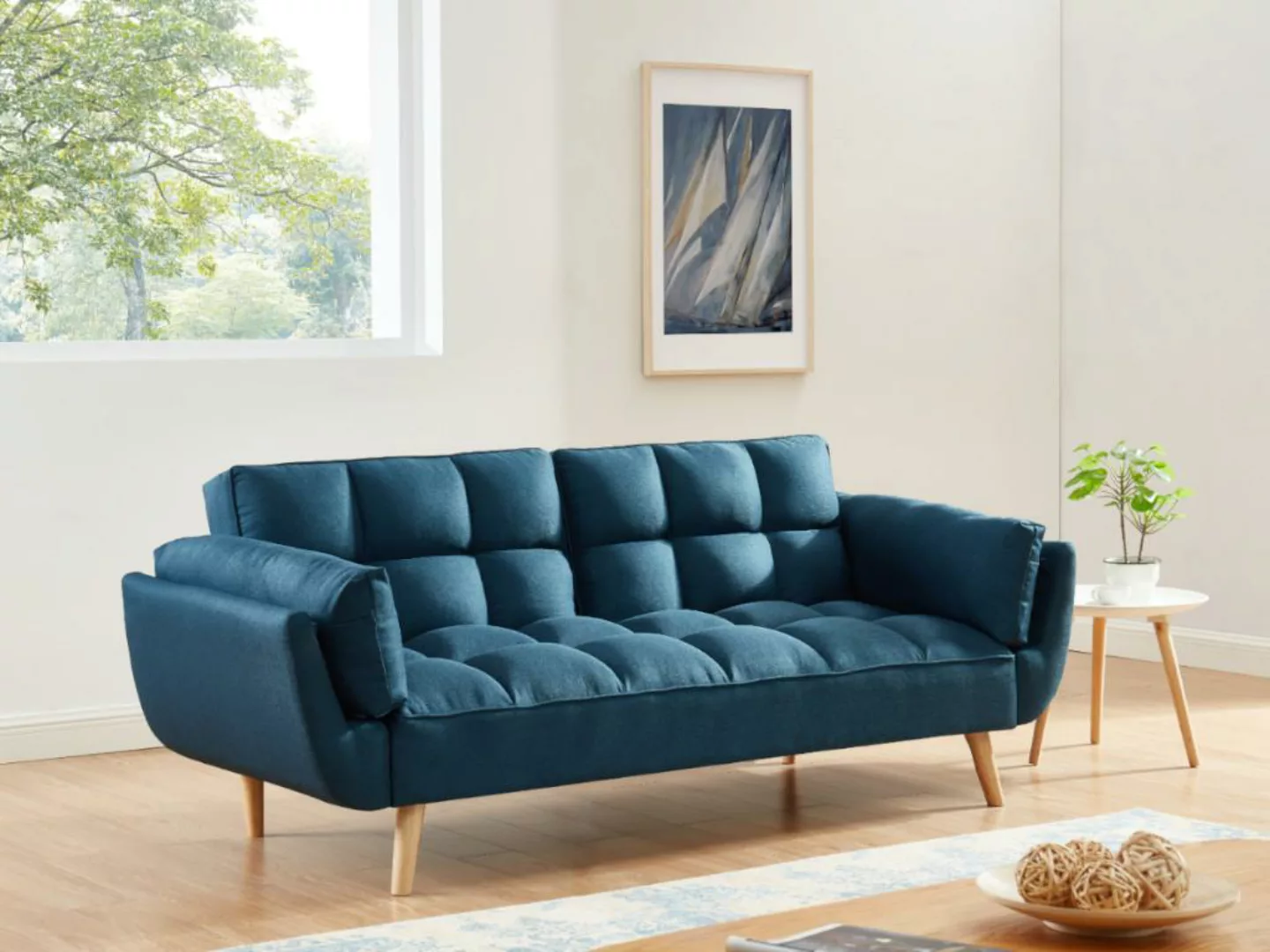 Schlafsofa Klappsofa 3-Sitzer - Stoff - Blau - LOELINE günstig online kaufen