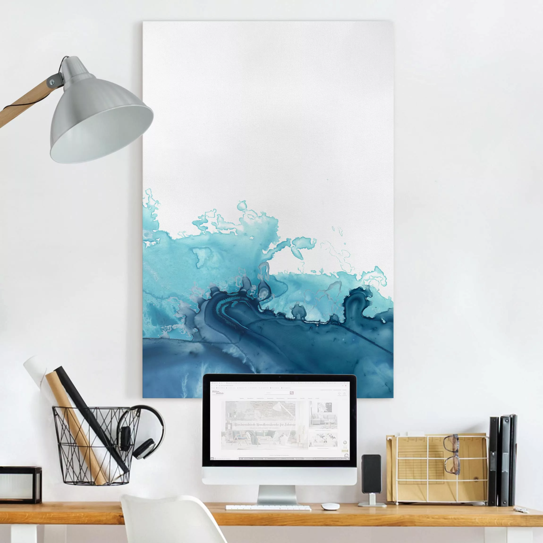 Leinwandbild Abstrakt - Hochformat Welle Aquarell Blau I günstig online kaufen