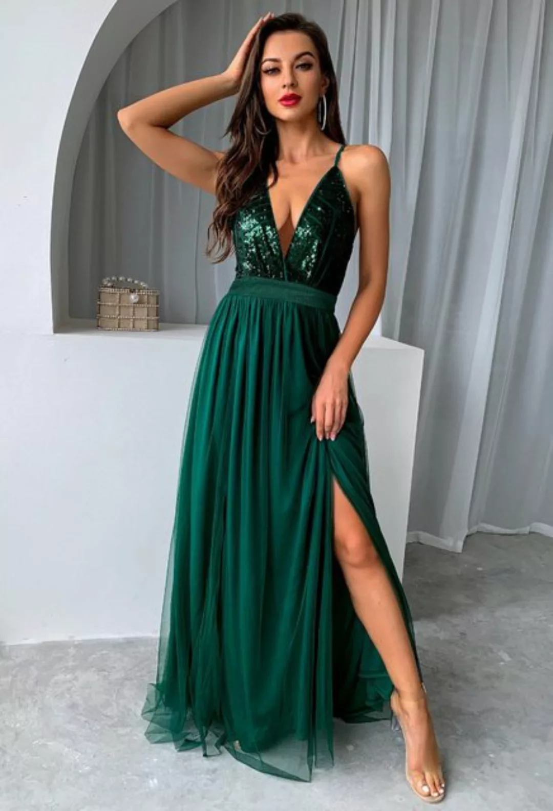 CHENIN Cocktailkleid Sexy Straps-Schlitzkleid mit tiefem V-Ausschnitt (Somm günstig online kaufen