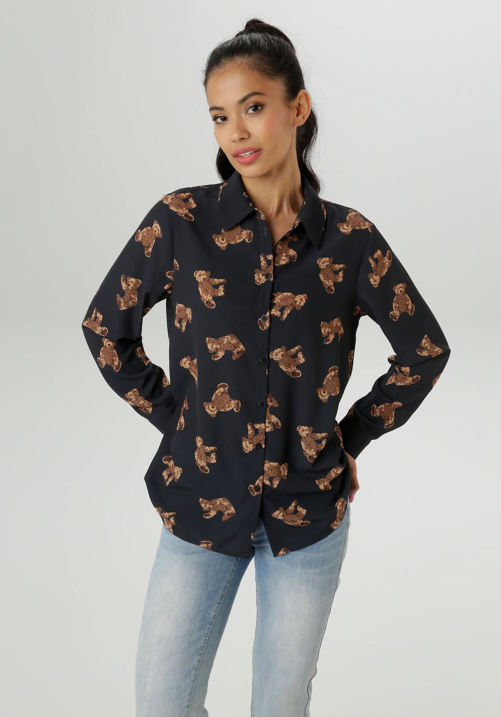 Aniston SELECTED Hemdbluse, mit trendigen Teddybärchen bedruckt - NEUE KOLL günstig online kaufen