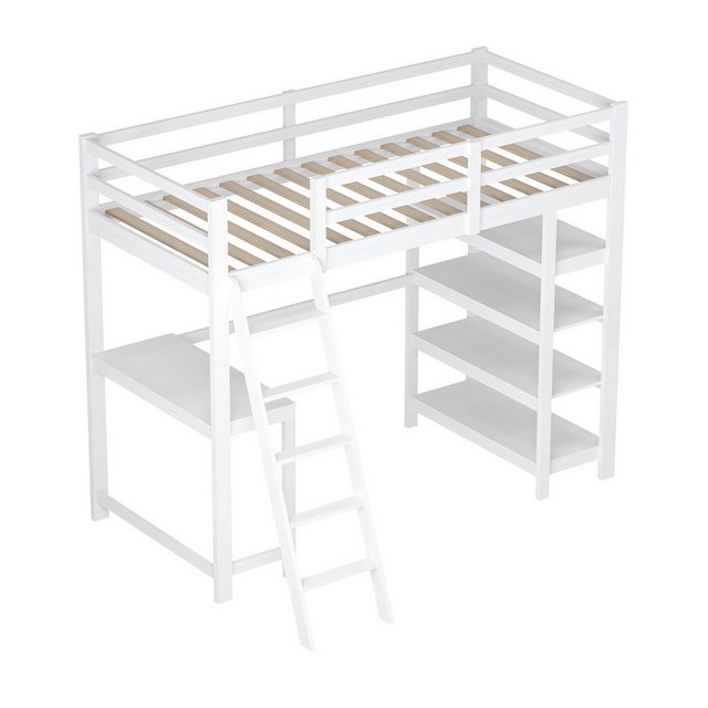 Furnishings Home Hochbett Weißes Holzbett mit Untertisch + Regalen + Treppe günstig online kaufen