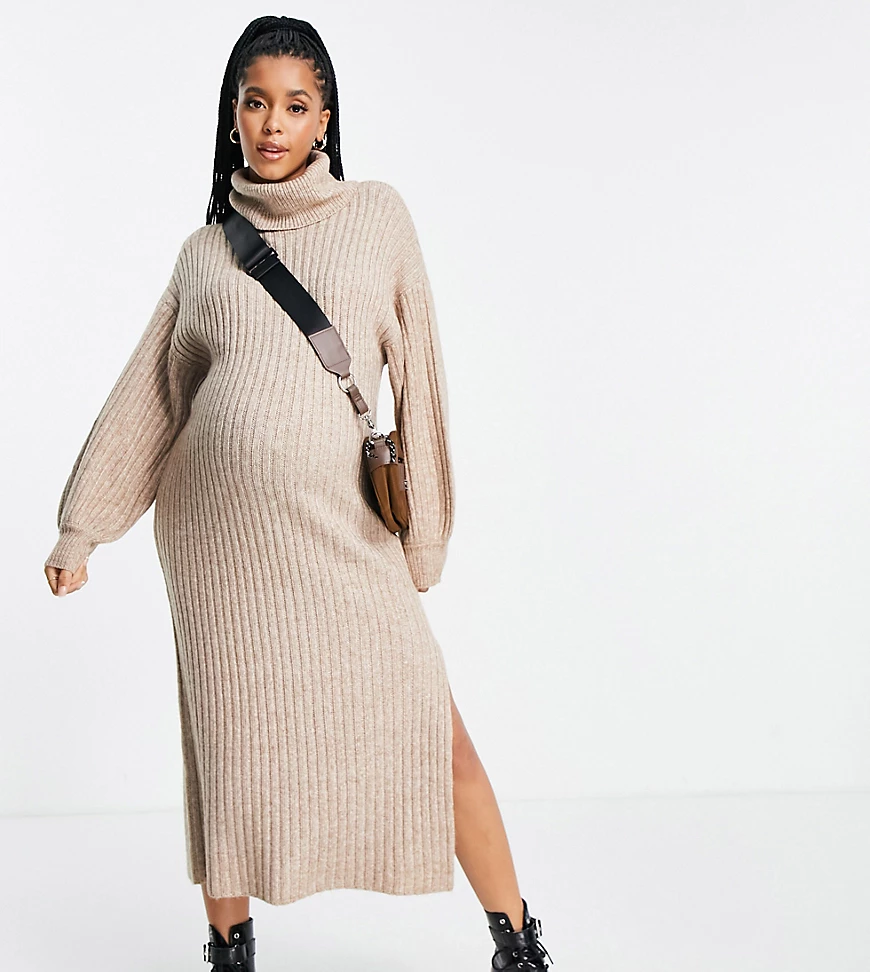 ASOS DESIGN Maternity – Geripptes Midikleid in Taupe mit Rollkragen-Neutral günstig online kaufen