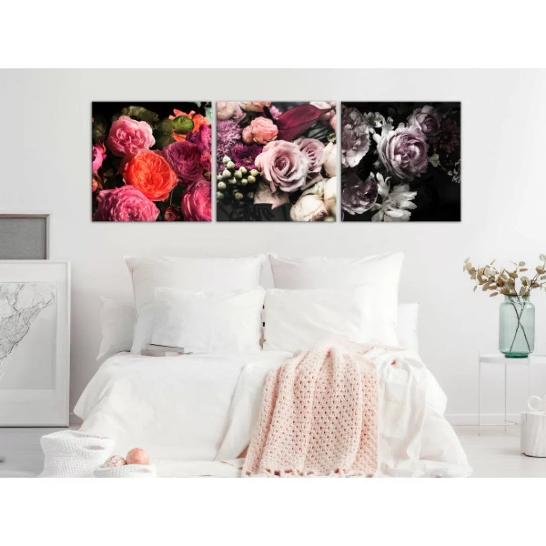 Wandbild Blumenstrauß - ein Triptychon mit Blumen in verschiedenen Farbtöne günstig online kaufen