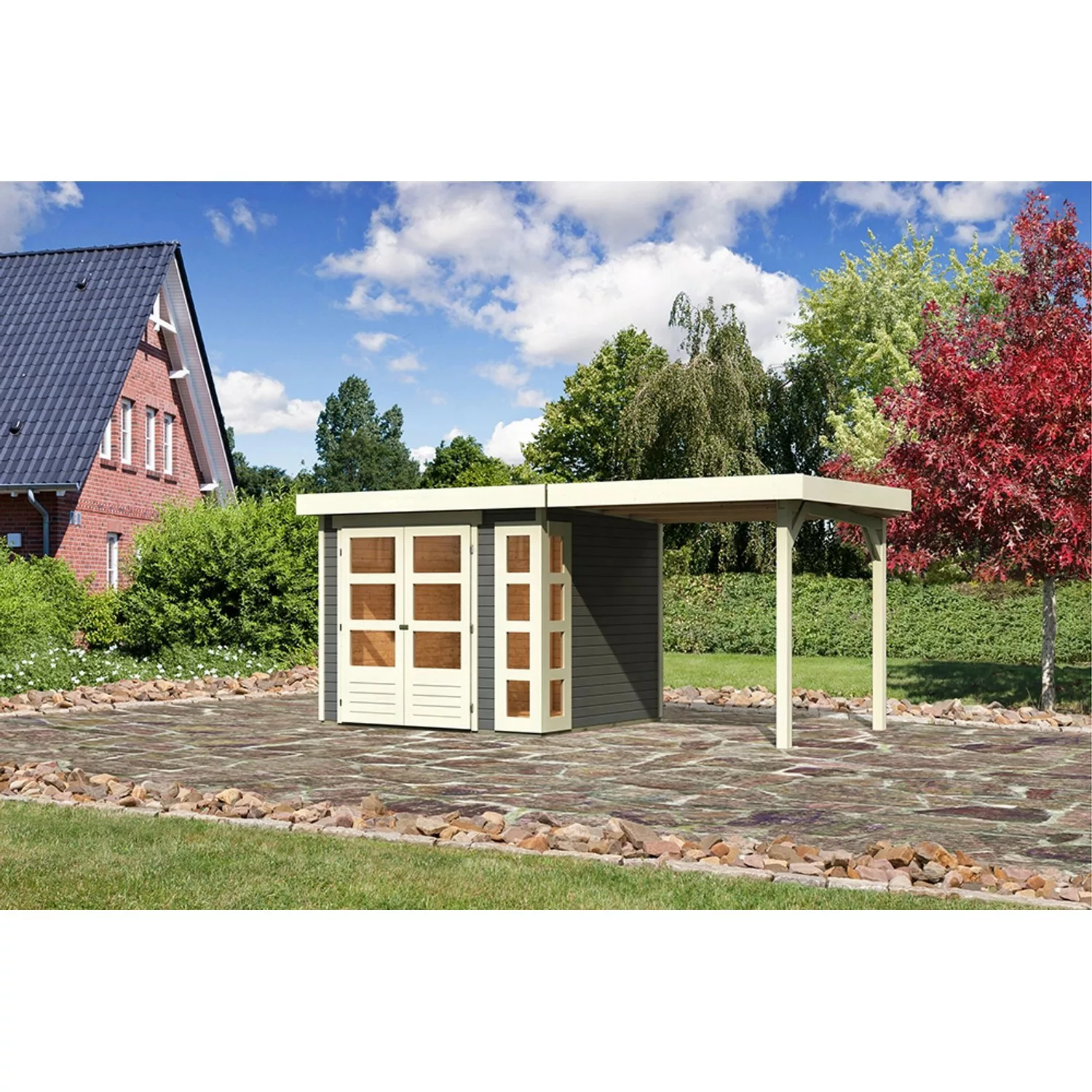 Karibu Holz-Gartenhaus Sölve Terragrau Flachdach Lackiert 238 cm x 213 cm günstig online kaufen