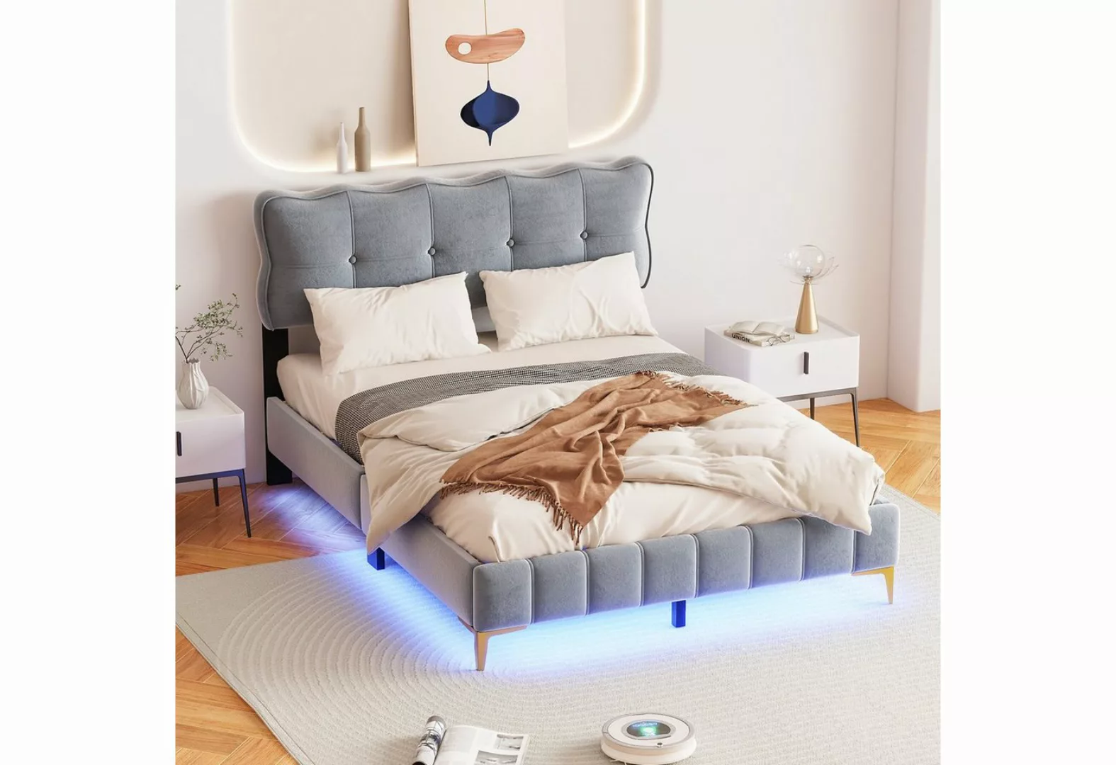 PHOEBE CAT Polsterbett, LED Doppelbett mit gepolstertem Kopf- & Fußteil, Sa günstig online kaufen