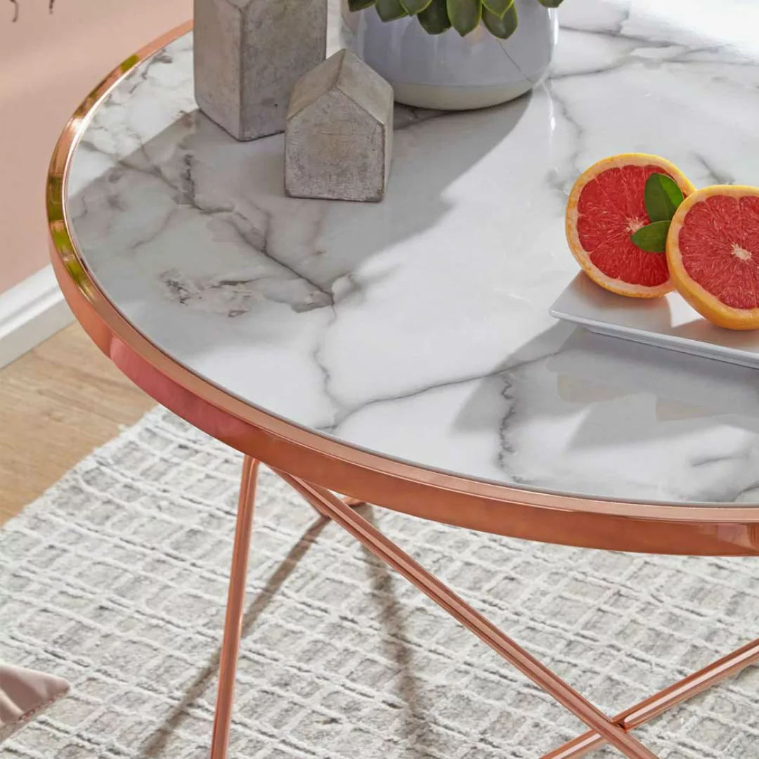 Wohnzimmertisch in Kupferfarben runder Tischplatte in Marmor Optik günstig online kaufen