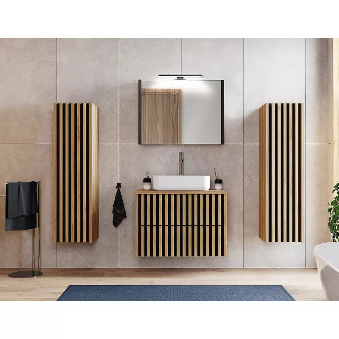 Badezimmermöbel Komplett Set LUCCA-107 in Eiche Nb. und schwarz mit Lamelle günstig online kaufen