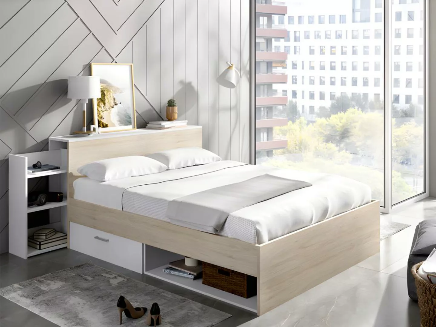 Bett mit Kopfteil & Stauraum & Schubladen - 140 x 190 cm - Naturfarben & We günstig online kaufen