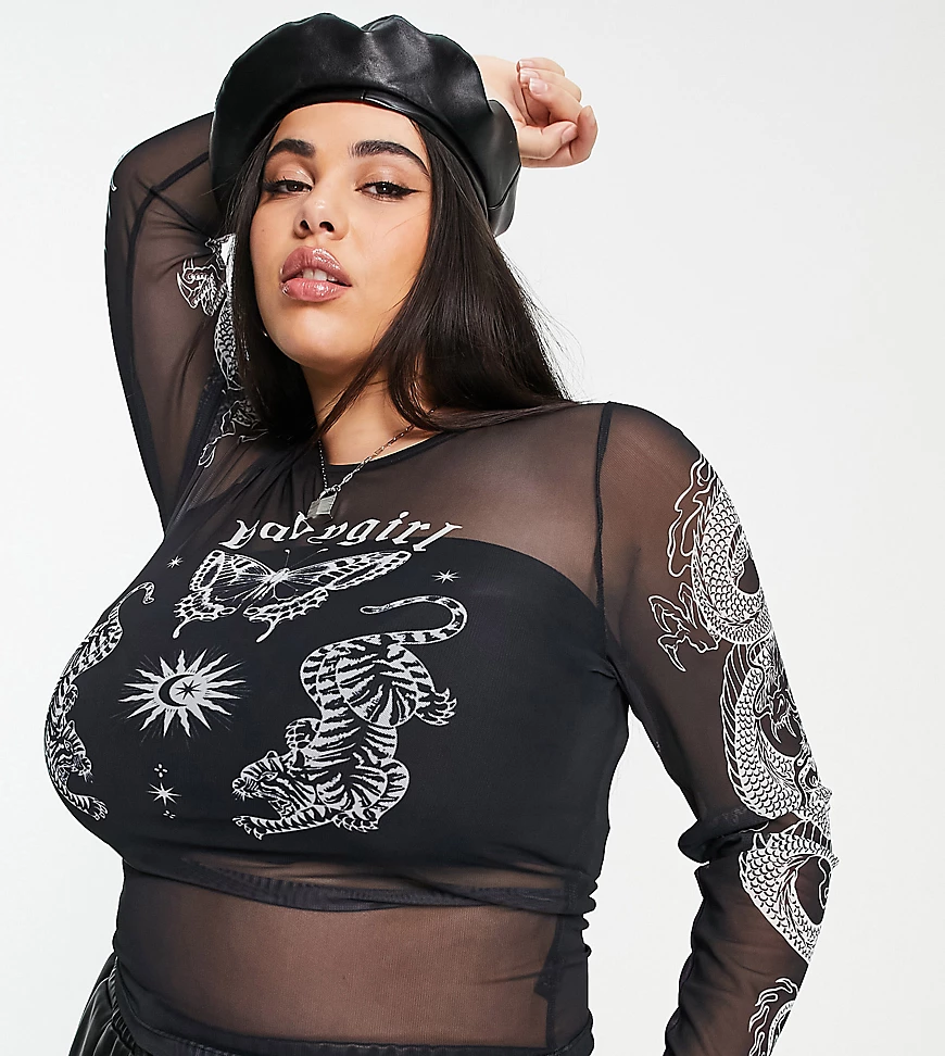 ASOS DESIGN Curve – Langärmliges Oberteil aus Netzstoff in Schwarz-Weiß mit günstig online kaufen