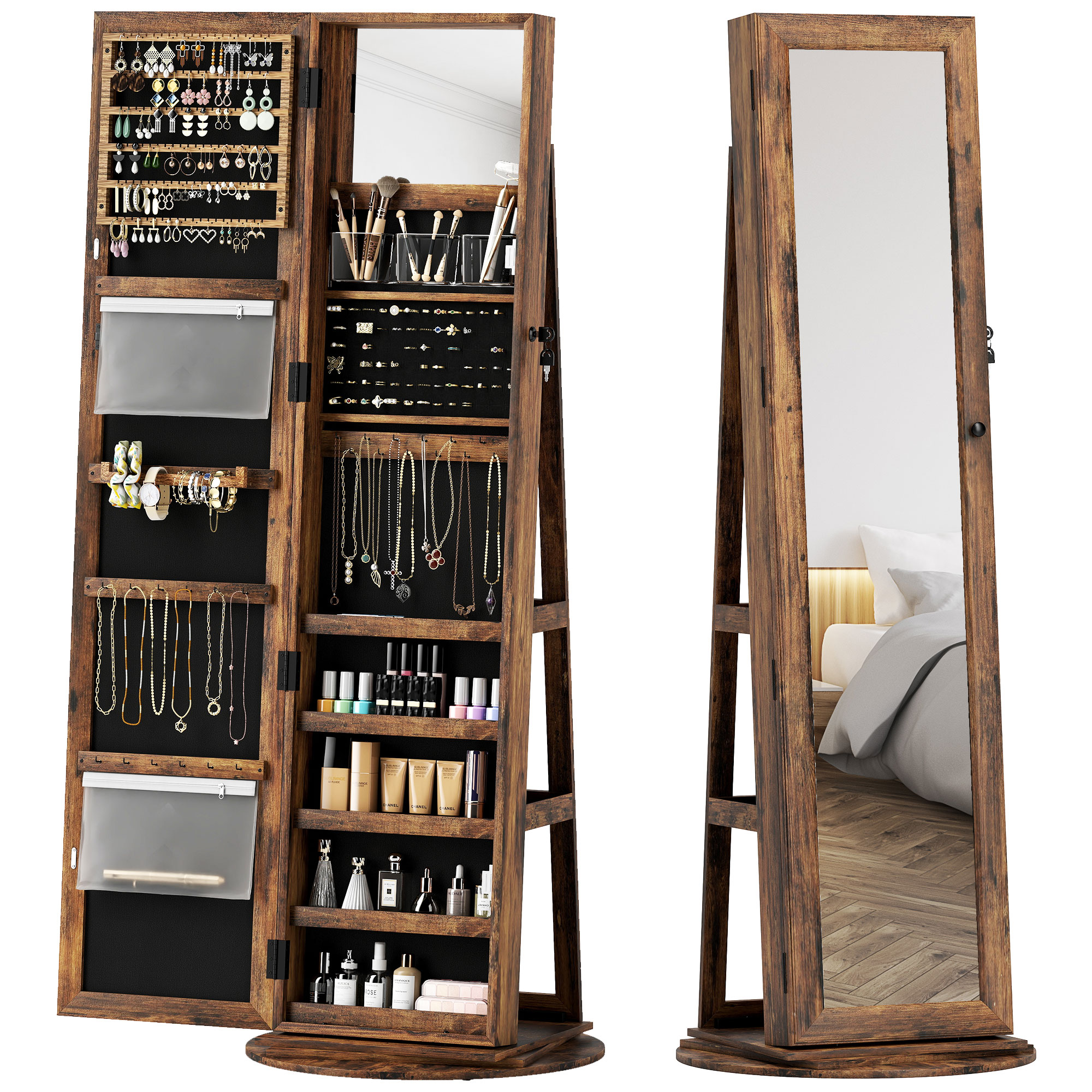HOMCOM Schmuckschrank Ganzkörperspiegel 360° drehbar, Schmuckschrank mit Sc günstig online kaufen