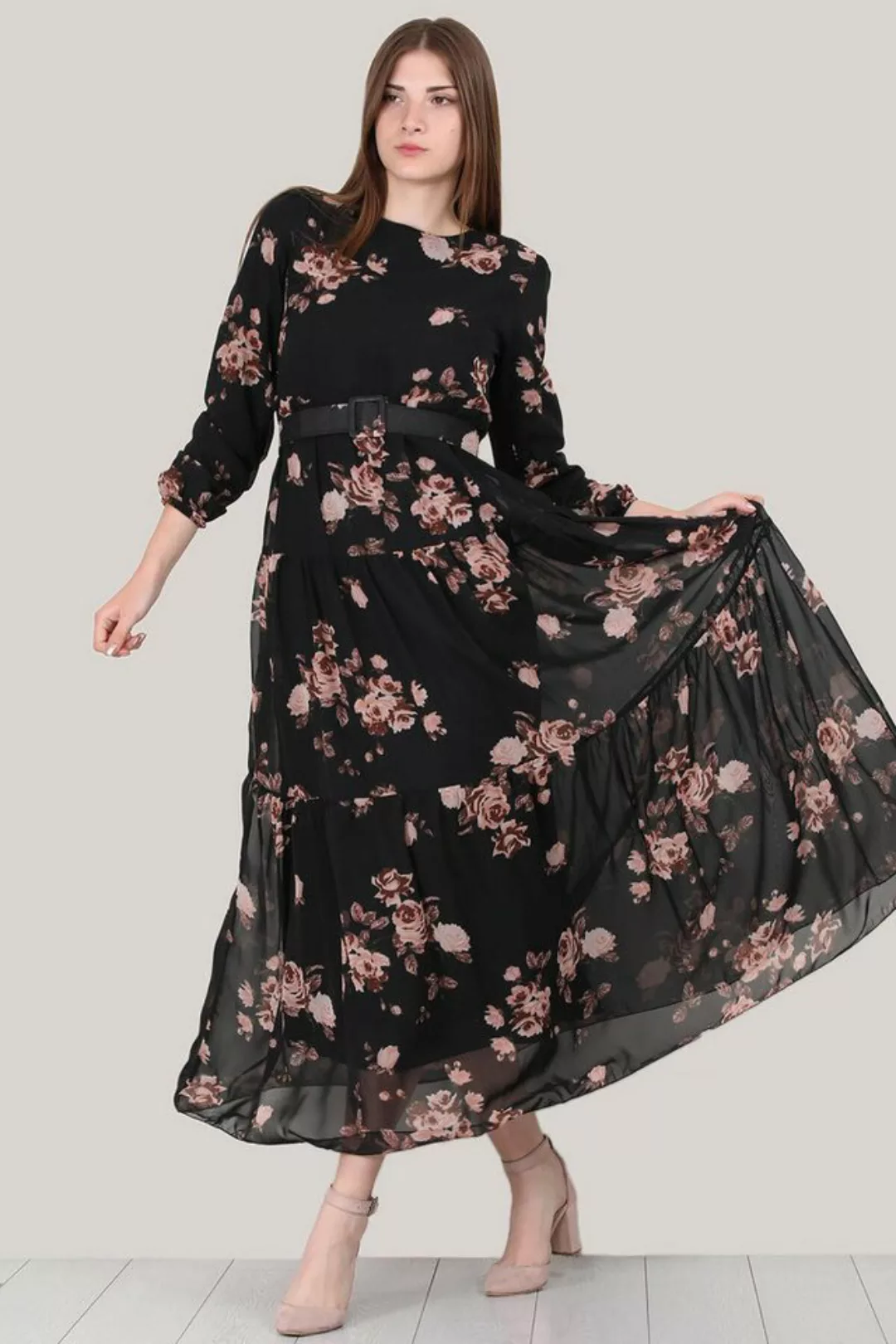 Modabout Maxikleid Langes Kleid in mit Gürtel Rosendetails - NELB0007D4515D günstig online kaufen