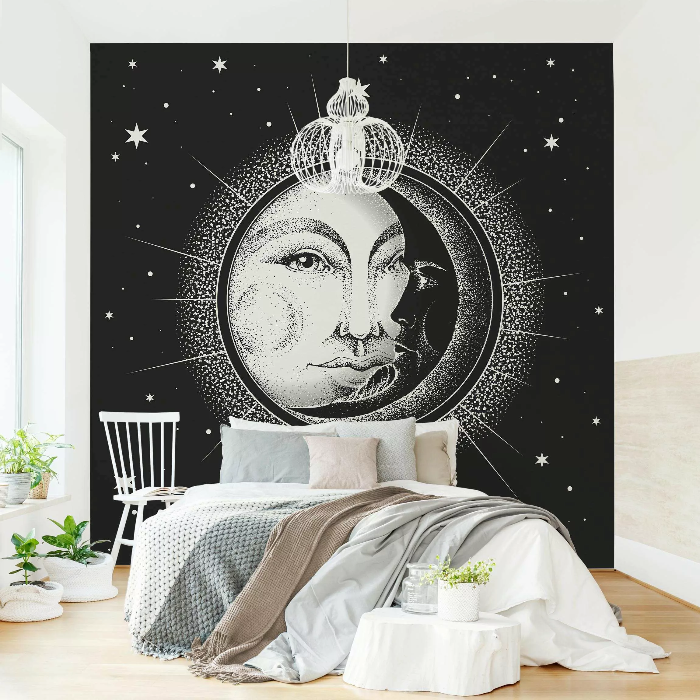 Fototapete Vintage Sonne und Mond Illustration günstig online kaufen