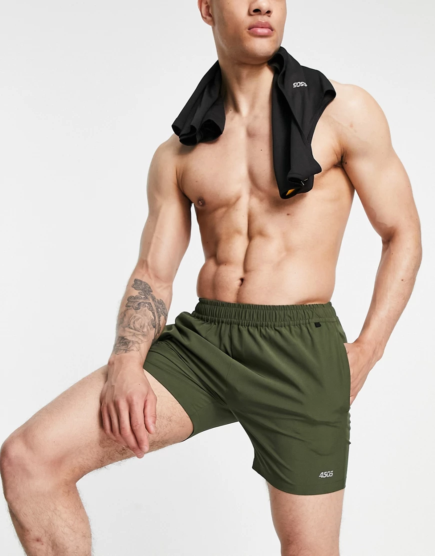 ASOS 4505 – Mittellange Trainingsshorts mit Logo in Khaki-Grün günstig online kaufen