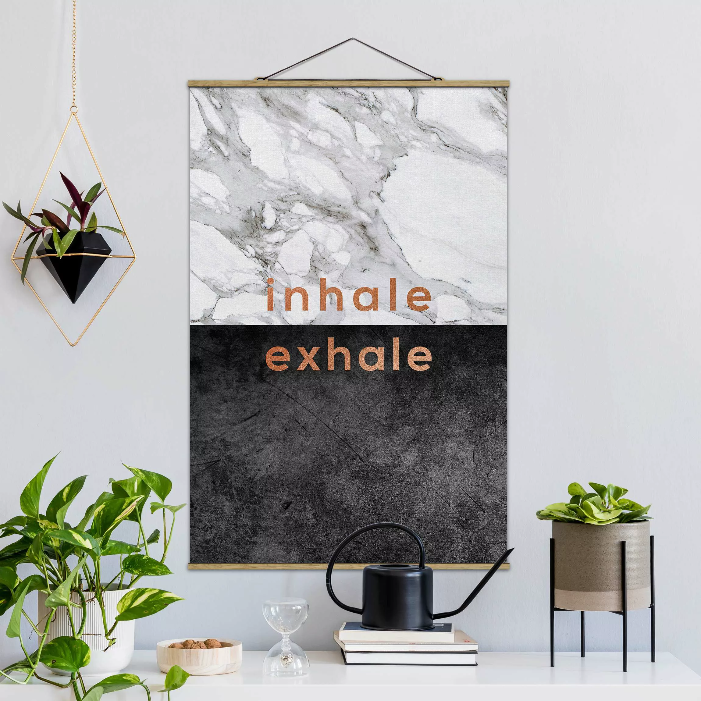 Stoffbild mit Posterleisten Inhale Exhale Kupfer und Marmor günstig online kaufen