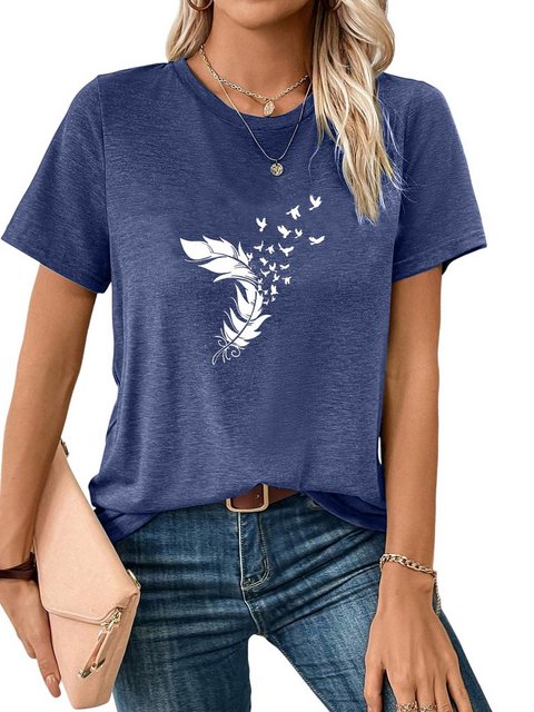 PYL Rundhalsshirt Damen Sommer Kurzarmbluse Locker Feder Print-Shirt günstig online kaufen