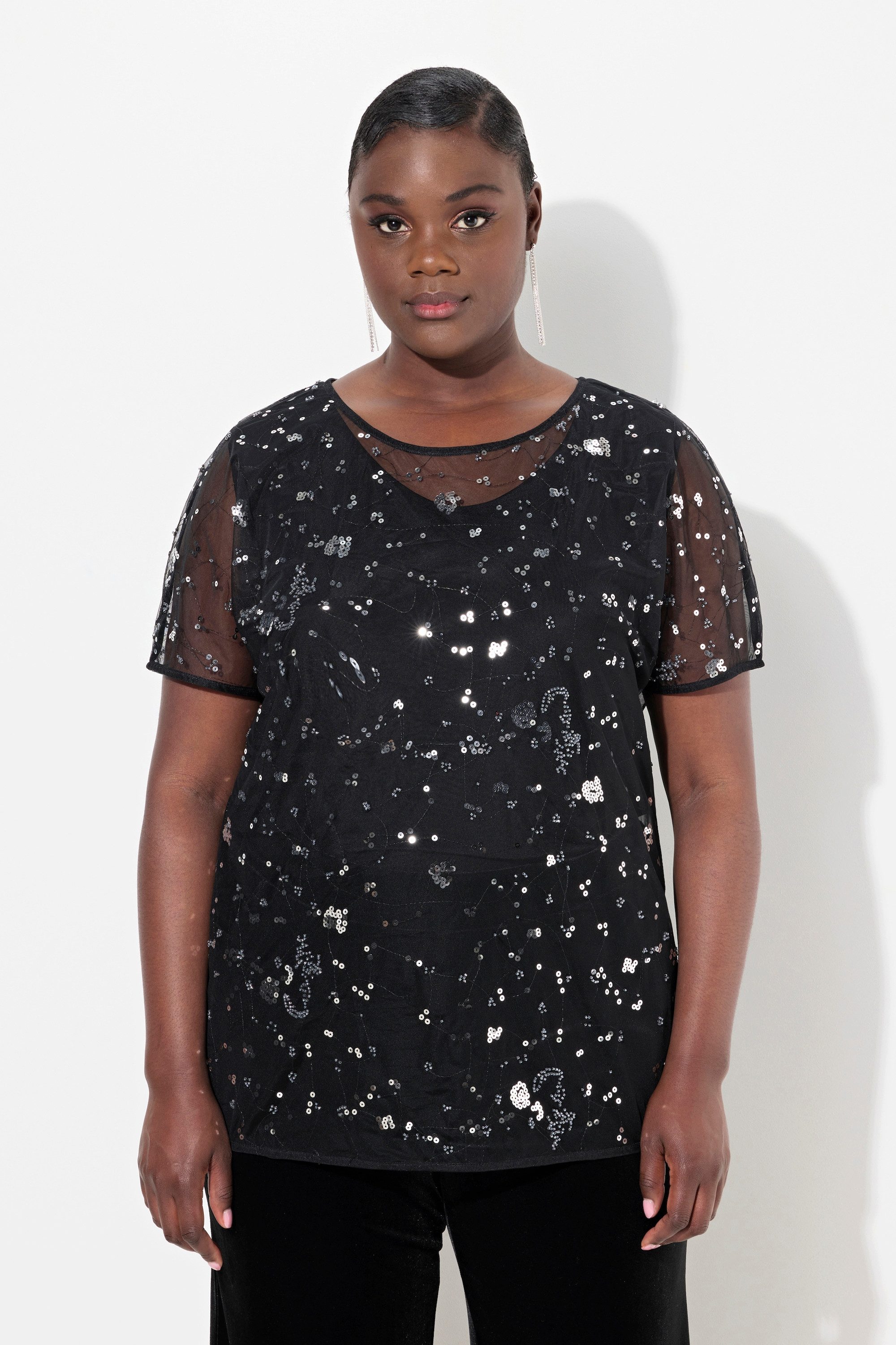 Ulla Popken Druckbluse Meshbluse oversized Pailletten günstig online kaufen