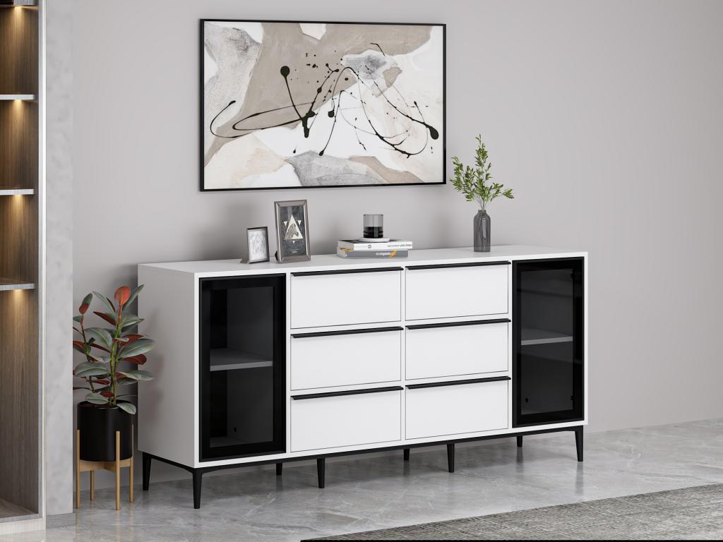 Sideboard mit 2 Türen aus Sicherheitsglas & 6 Schubladen - Weiß & Schwarz - günstig online kaufen