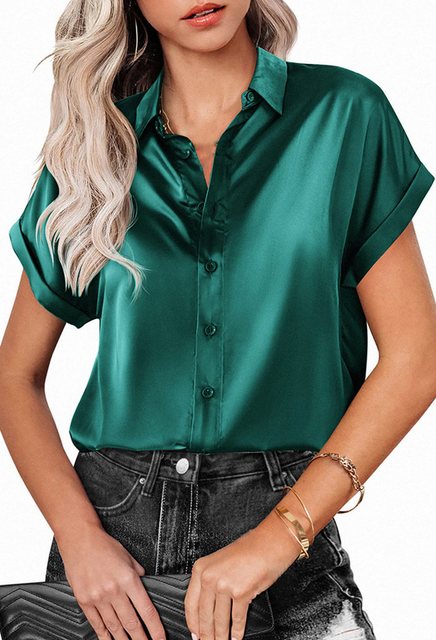 CHENIN T-Shirt Satin-Shirts mit Knopfleiste für Damen, kurzärmelig, Büroblu günstig online kaufen