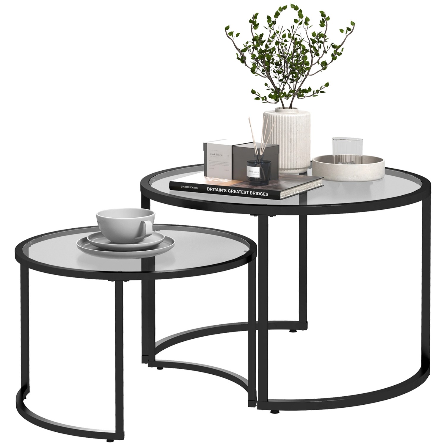 HOMCOM Couchtisch 2er-Set mit Schwarz aus Hartglas Teilweise Stapelbar günstig online kaufen