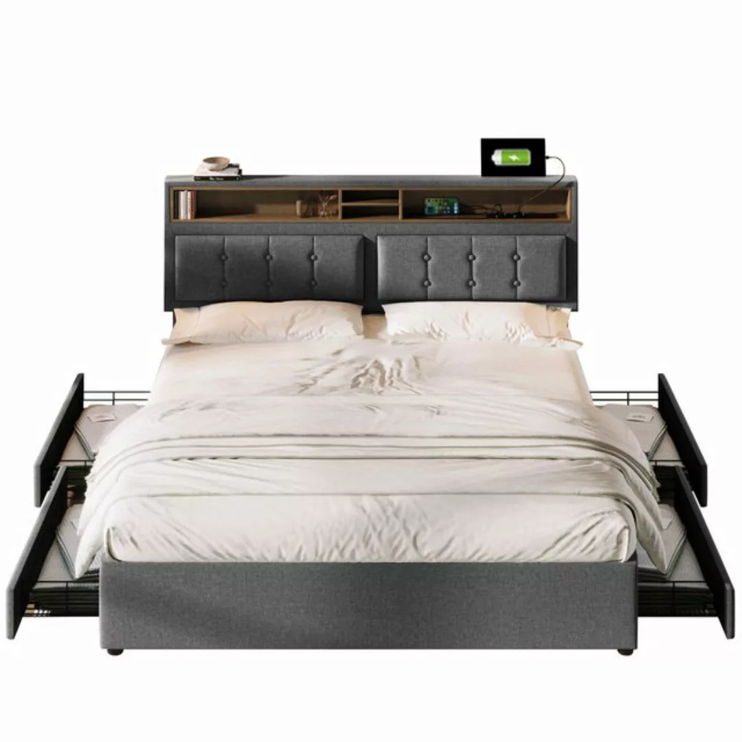 BlingBin Polsterbett Doppelbett (1-tlg., 140x200cm mit 4 Schubladen und USB günstig online kaufen