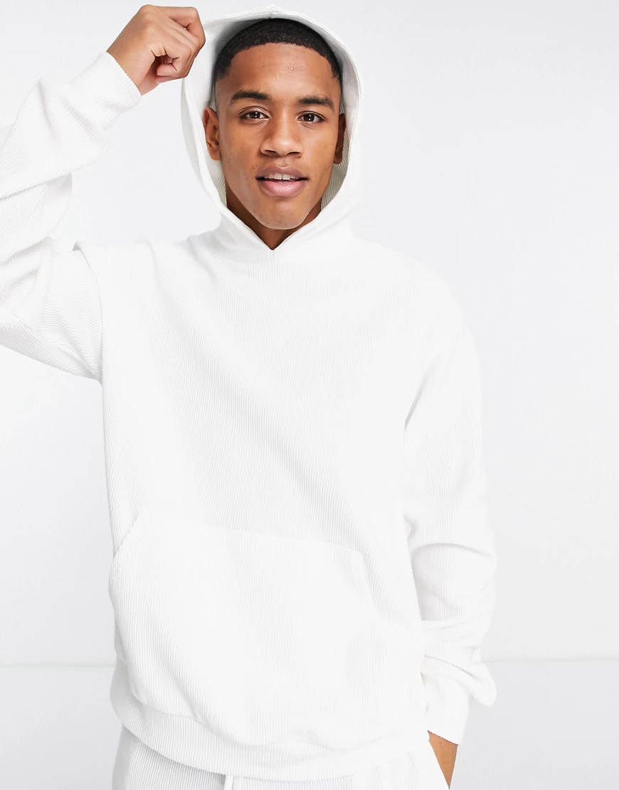 Topman – Gerippter Lounge-Kapuzenpullover mit Oversize-Schnitt in Ecru-Weiß günstig online kaufen