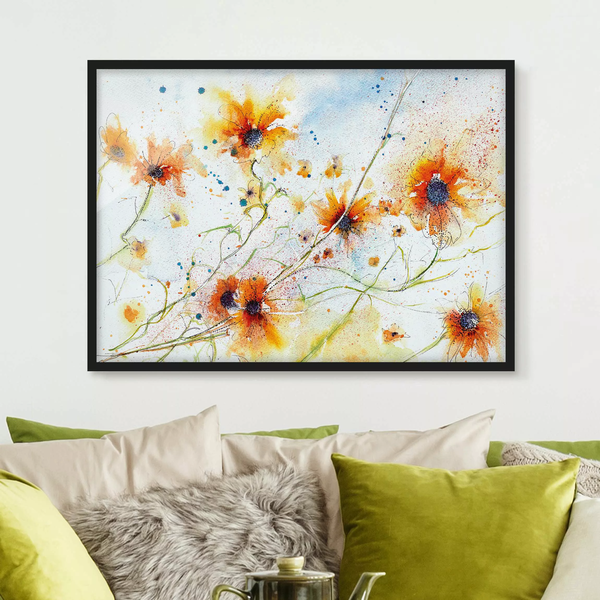 Bild mit Rahmen Blumen - Querformat Painted Flowers günstig online kaufen