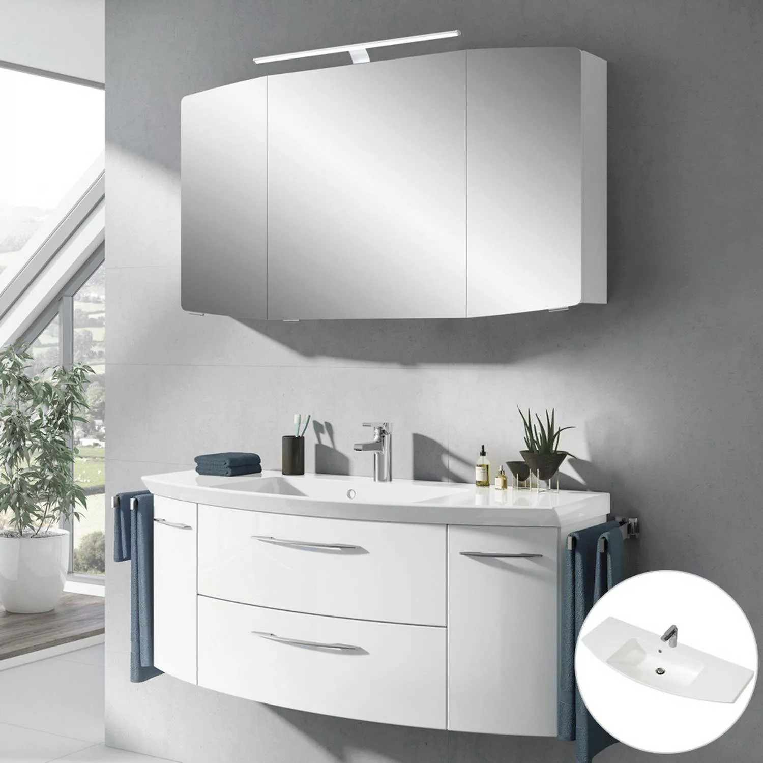 Badezimmer Waschplatz Set Hochglanz weiß CERVIA-66 mit 121cm Waschtisch und günstig online kaufen