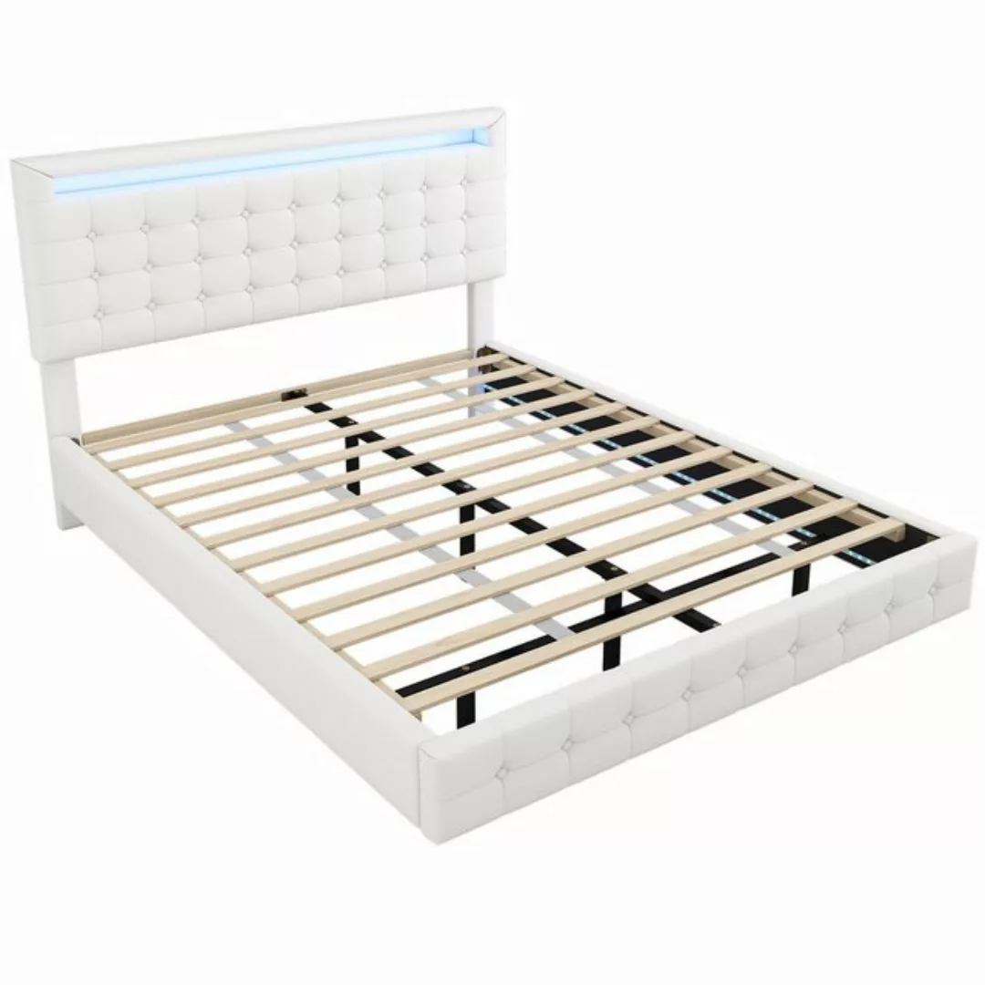 OKWISH Polsterbett Doppelbett, LED-Umgebungslicht, 24-Tasten-Fernbedienung, günstig online kaufen