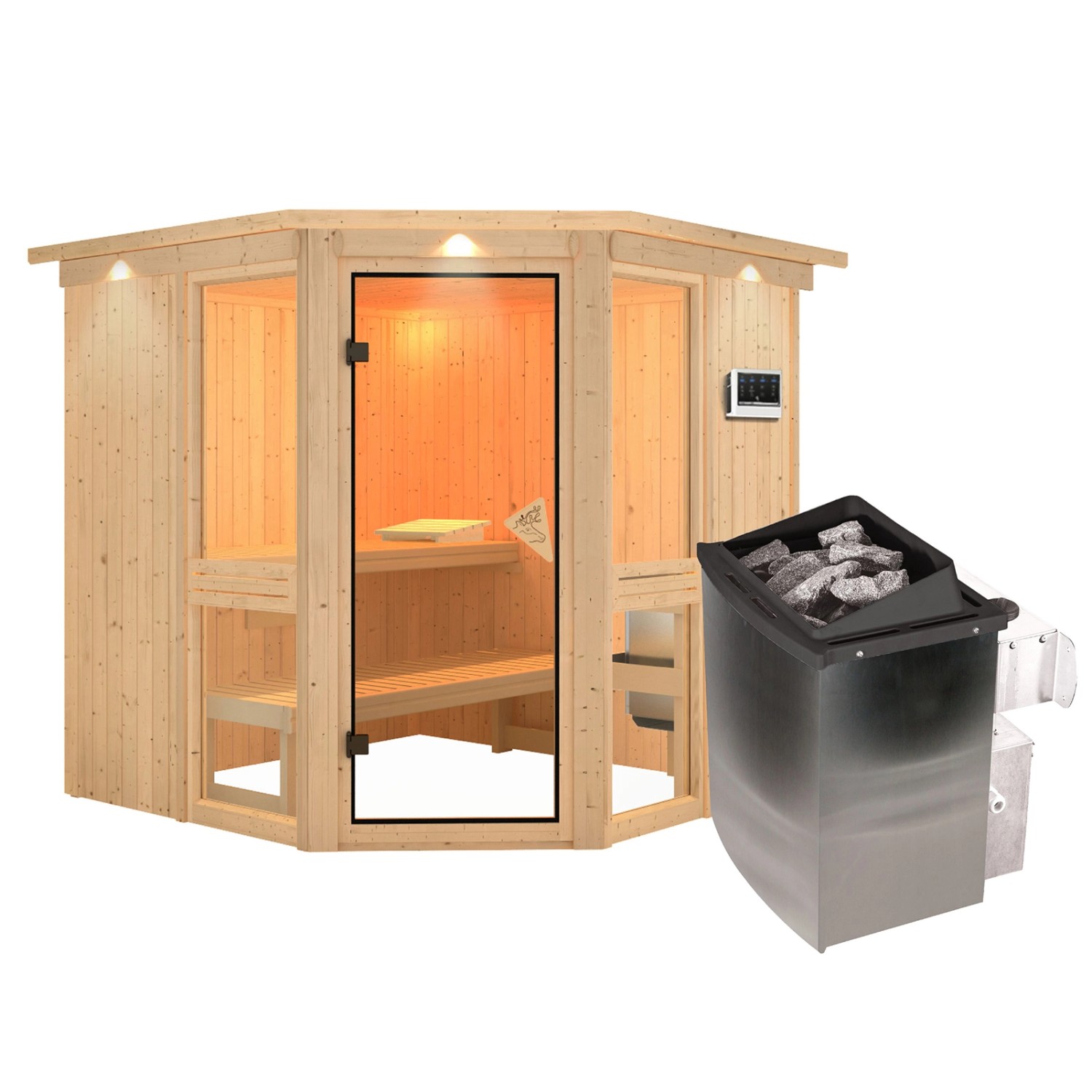 Karibu Sauna Anina 2 Zoll mit Kranz und Ofen 9 kW Integriert Naturbelassen günstig online kaufen