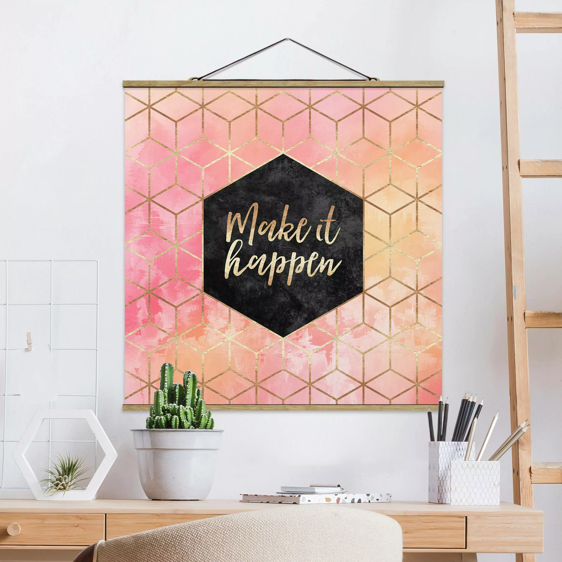 Stoffbild Spruch mit Posterleisten - Quadrat Make It Happen Geometrie Paste günstig online kaufen