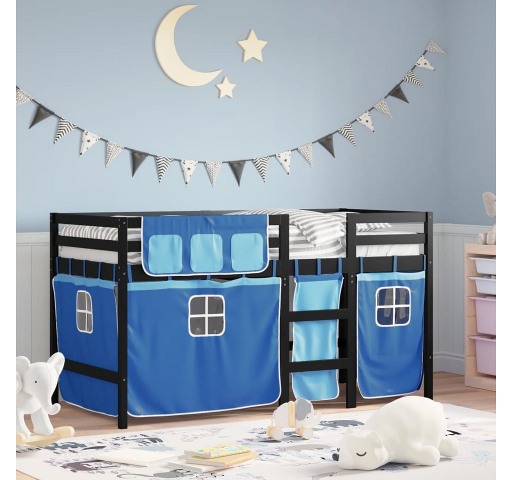 vidaXL Bett Kinderhochbett mit Vorhängen Blau 90x200 cm Massivholz Kiefer günstig online kaufen