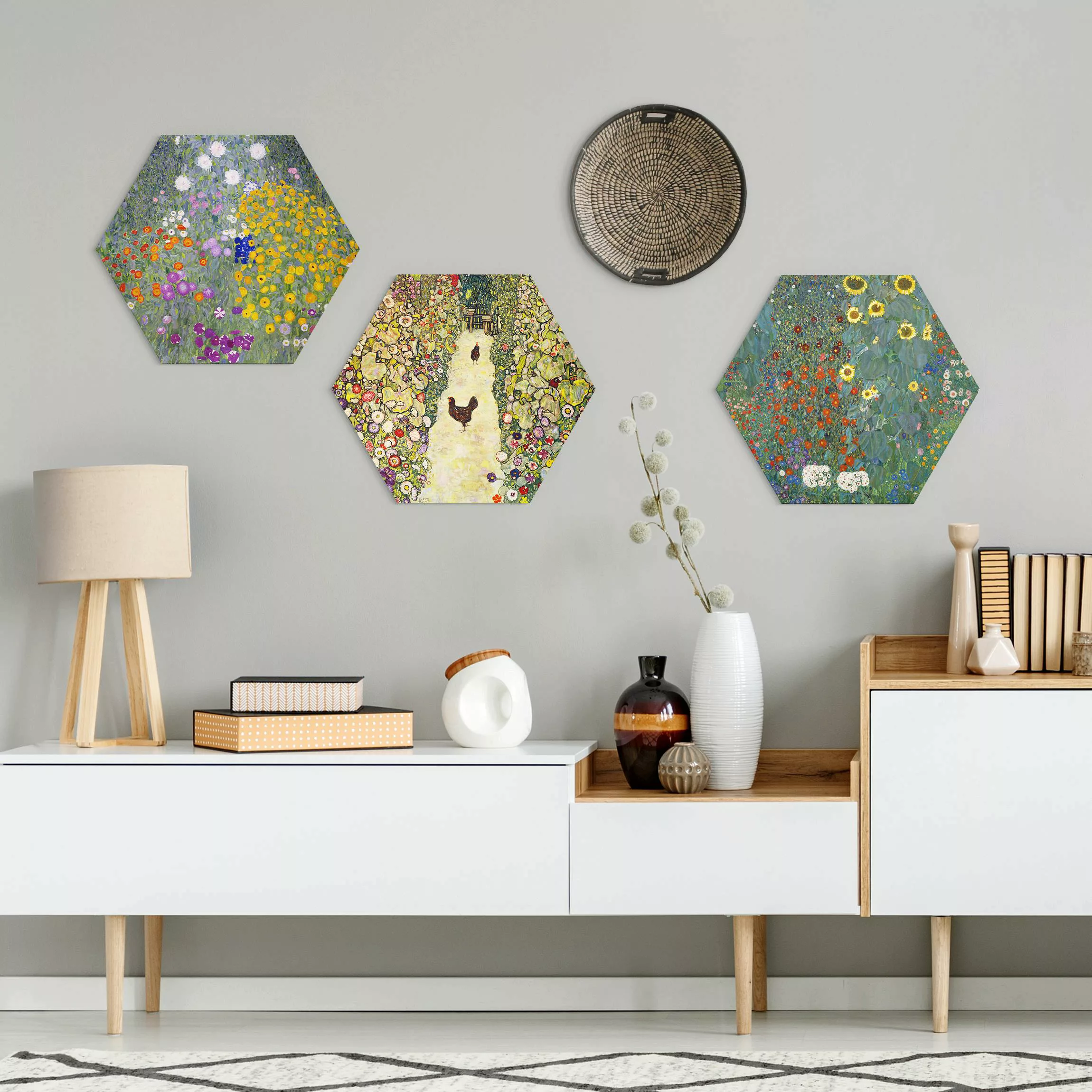 3-teiliges Hexagon-Alu-Dibond Bild Gustav Klimt - Im Garten günstig online kaufen