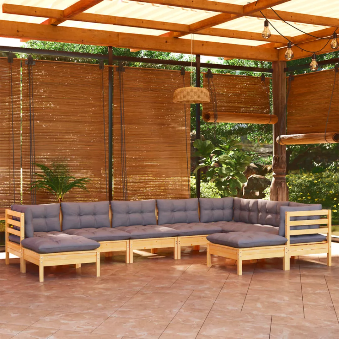 9-tlg. Garten-lounge-set Mit Grauen Kissen Kiefer Massivholz günstig online kaufen