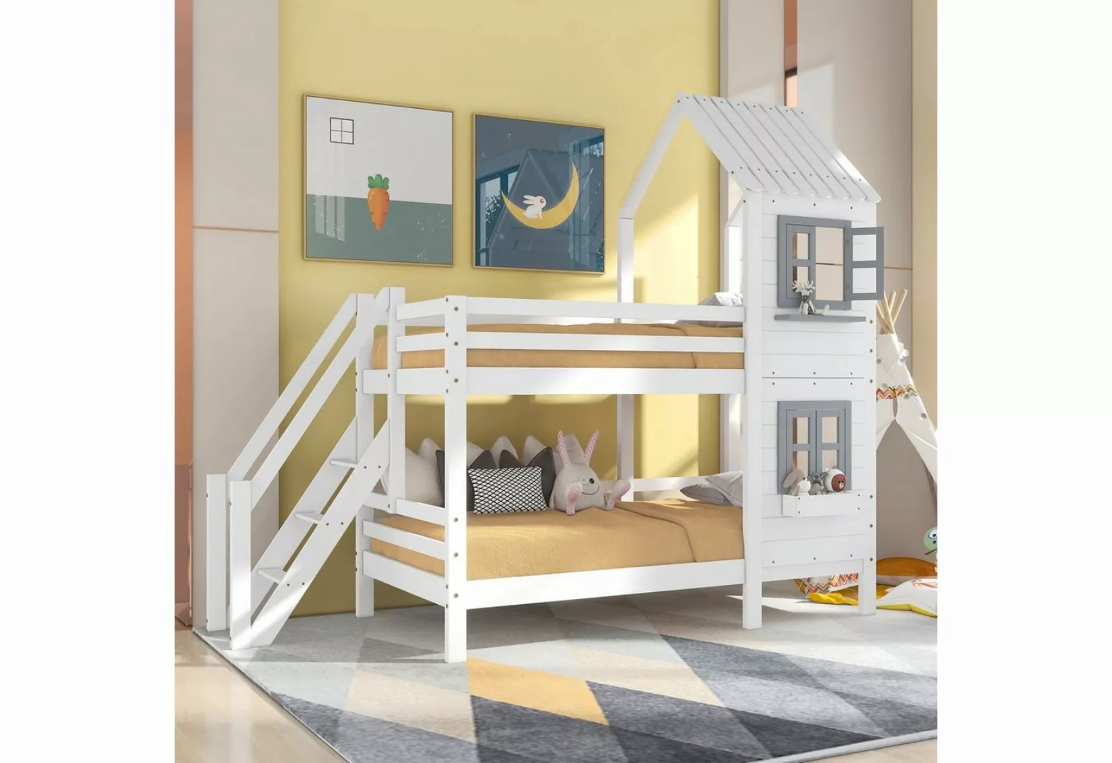 WISHDOR Kinderbett Jugendbett Hausbett Holzbett Doppelbett (Weiß (90x200cm) günstig online kaufen