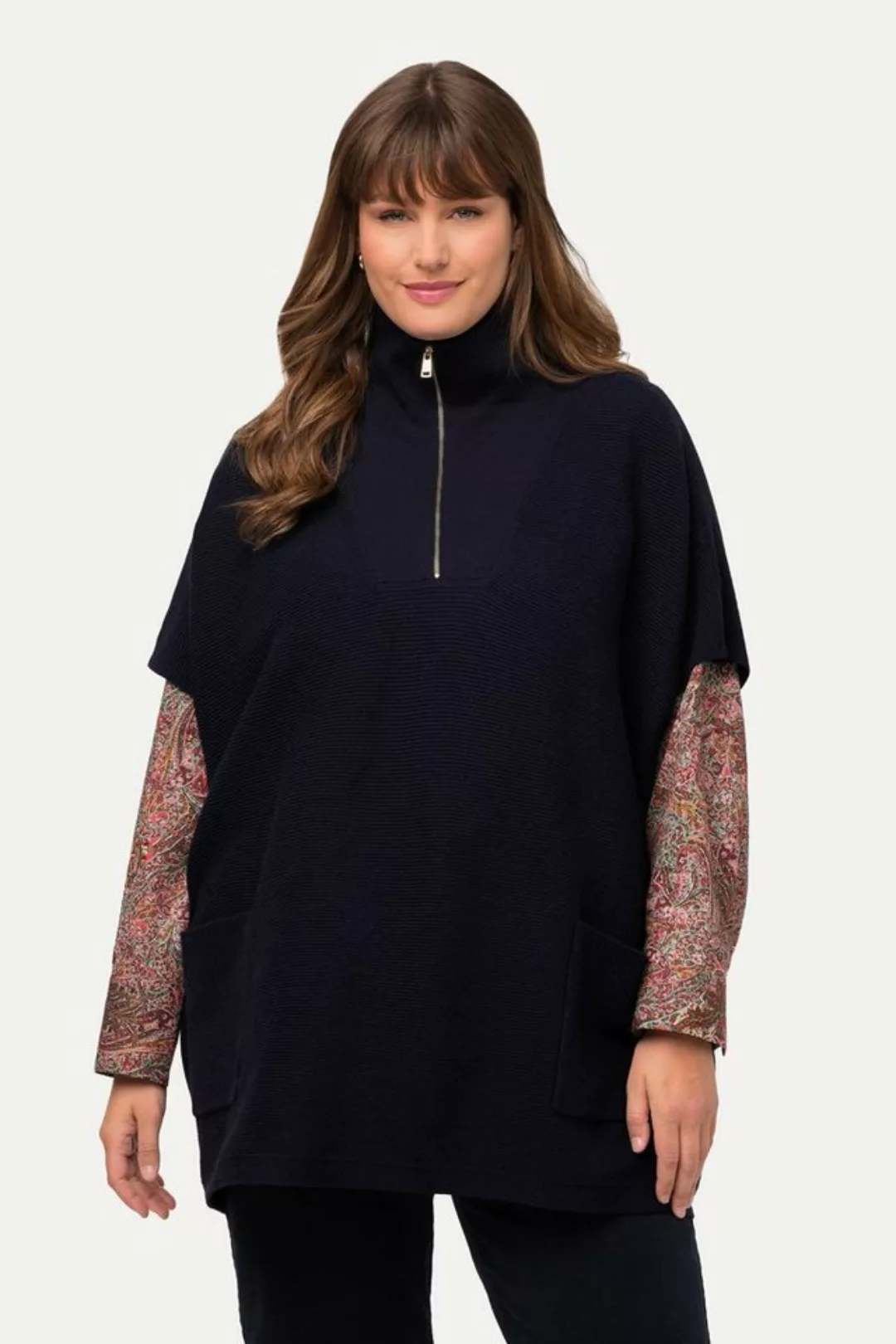 Ulla Popken Strickpullover Poncho Troyerkragen Zipper Oversized Halbarm günstig online kaufen