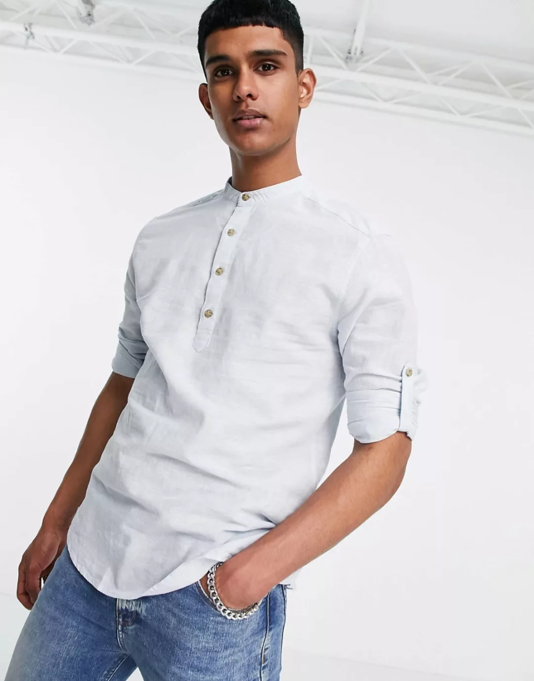 Only & Sons – Hemd aus Leinenmischung zum Überziehen mit Grandad-Kragen in günstig online kaufen