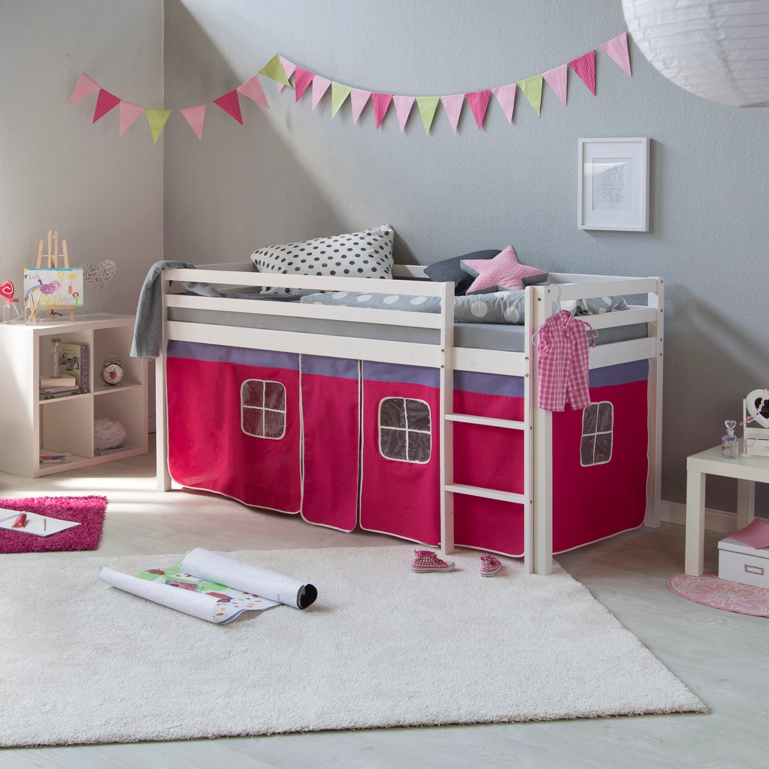 Homestyle4u Hochbett 90x200 Weiß Vorhang Pink 538 günstig online kaufen