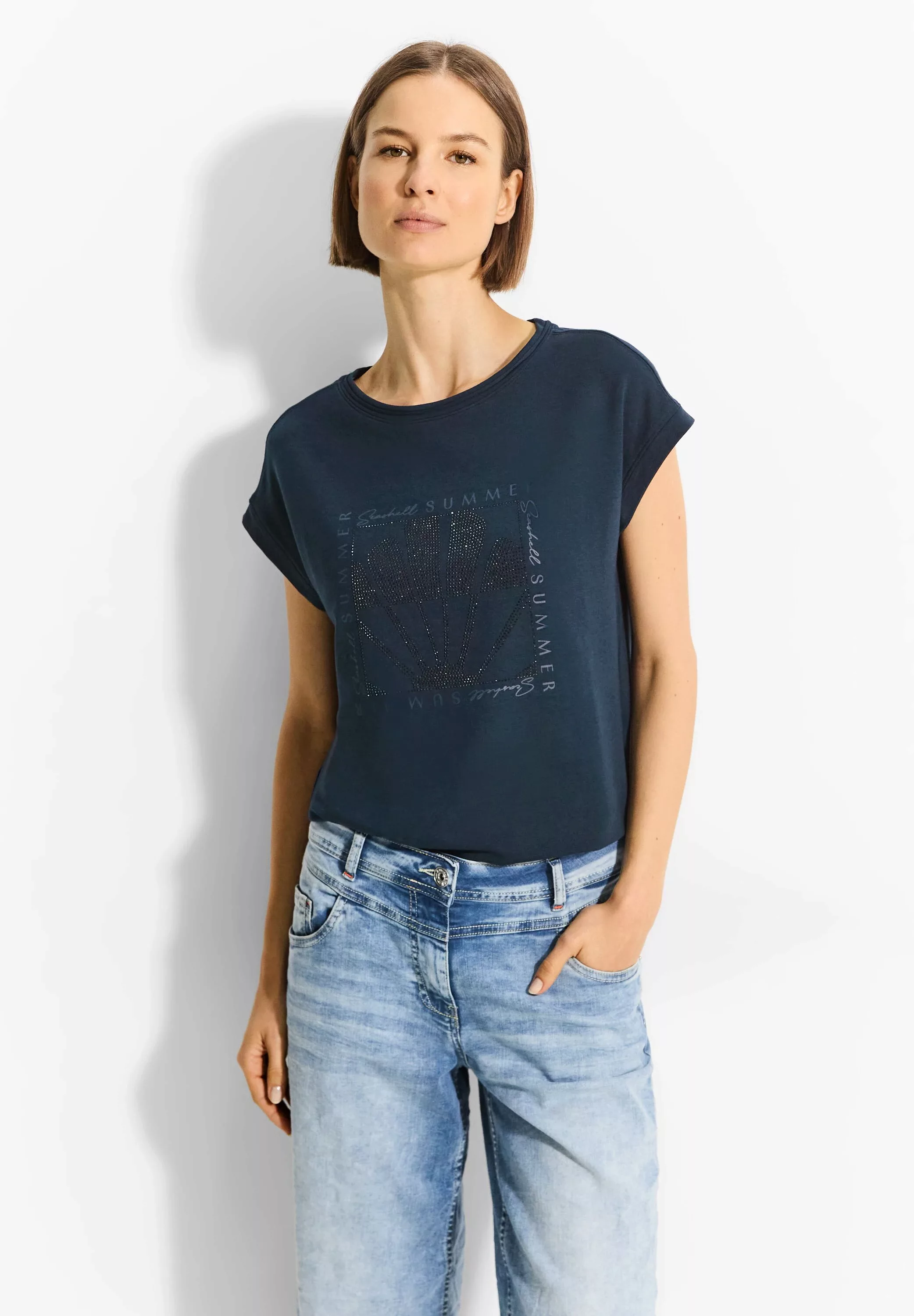 Cecil T-Shirt TOS Burn Out AOP with FP, dark petrol blue günstig online kaufen