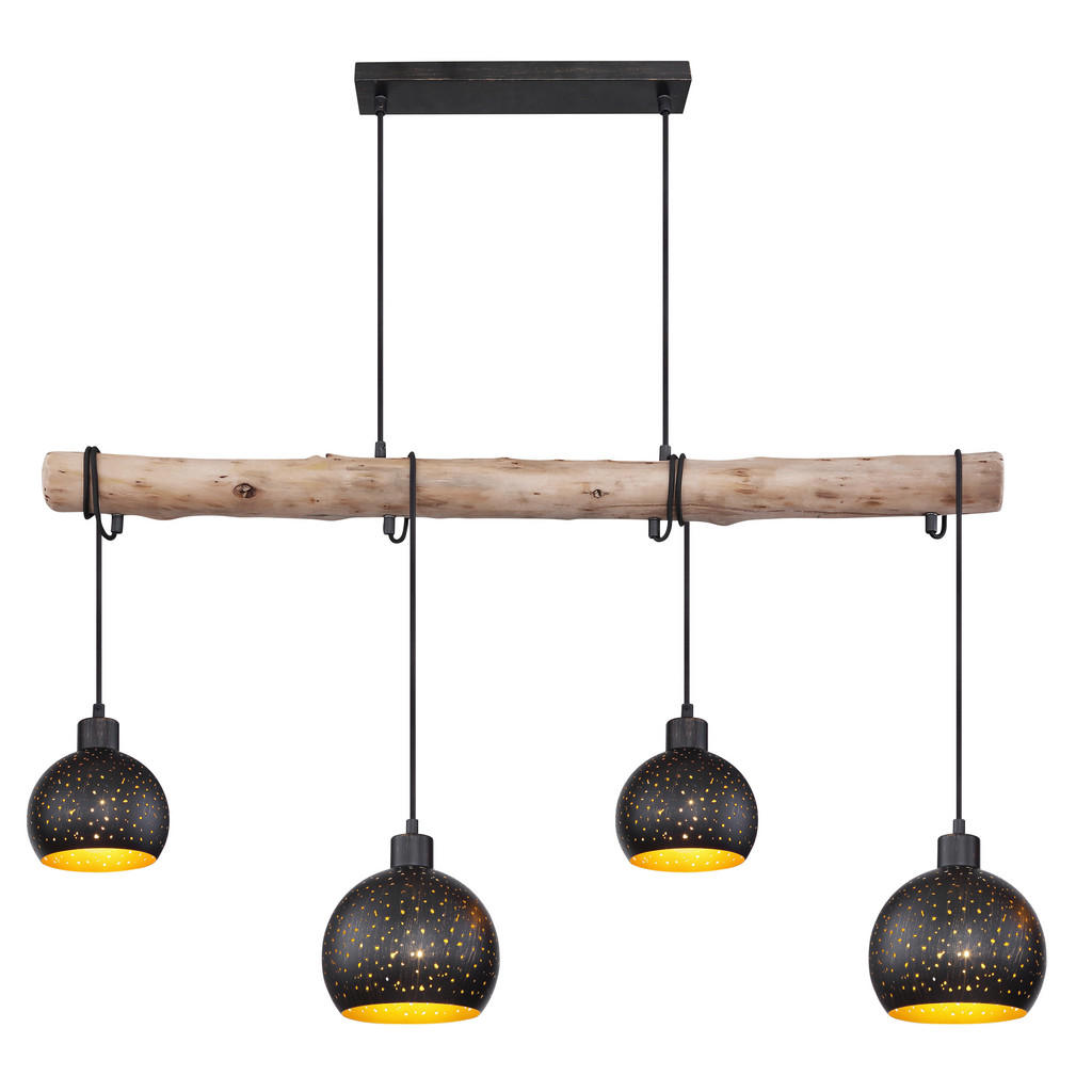 GLOBO Pendelleuchte ADAJA 15452-4H schwarz gold natur Metall Holz B/H/T: ca günstig online kaufen