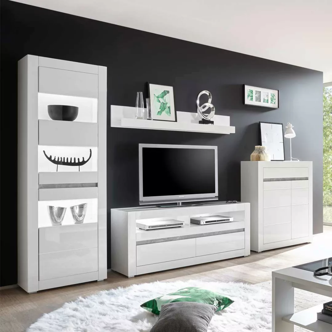 Hochglanz Wohnwand in Weiß und Beton Grau modern (vierteilig) günstig online kaufen