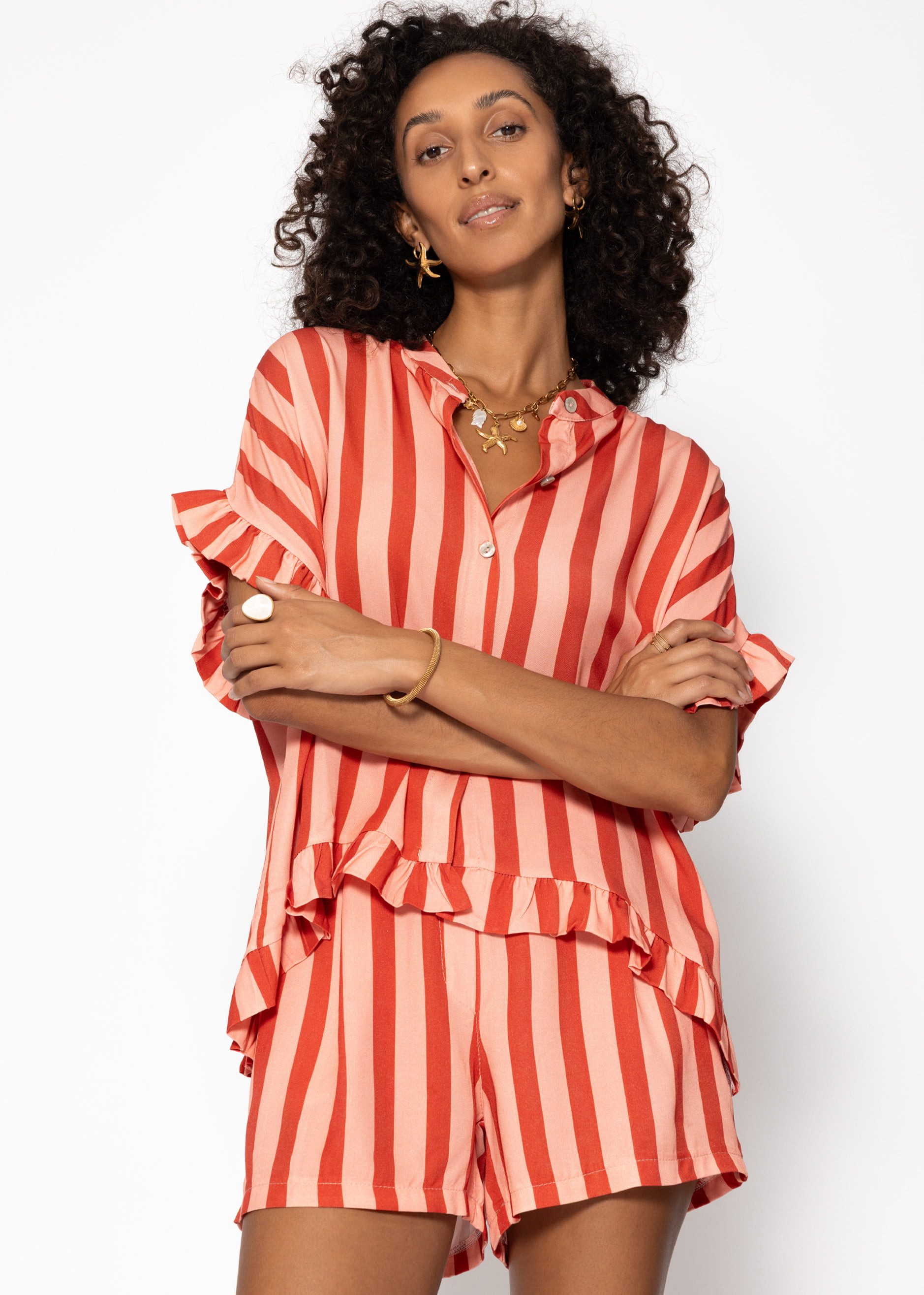 SASSYCLASSY Langarmbluse Gestreifte Bluse mit Rüschensaum günstig online kaufen